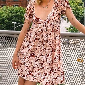 Volcom Women's Goovestone Printed Short Babydoll Dress Dark Clay Size XL/12